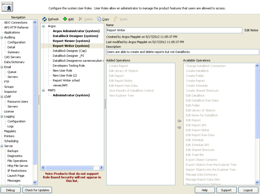 User roles screen in MAPS